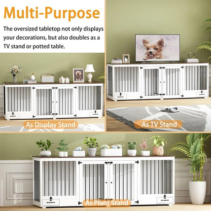 Dog Crate for 2 Dogs, 86.6" Heavy Duty Wooden Dogs Kennel with Bowl Drawers & Divider, Indoor Furniture Style Dog Kennel