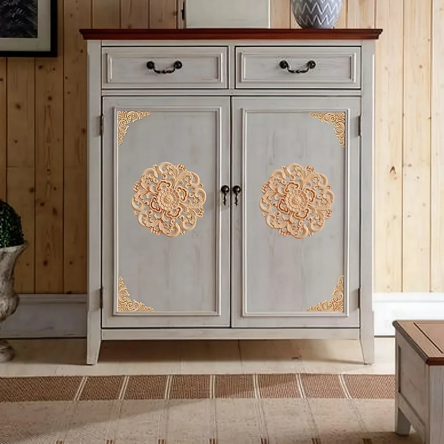 5 Pcs Unpainted Wood Appliques Onlays Bed Door Cabinet Wardrobe Furniture Carved Decoration DIY Color Onlays Decorative