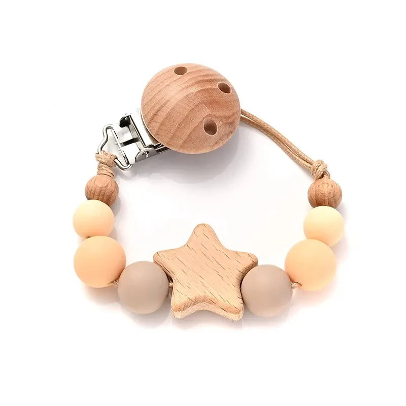 Wooden Pentagram Baby Pacifier Chain with Silicone Beads