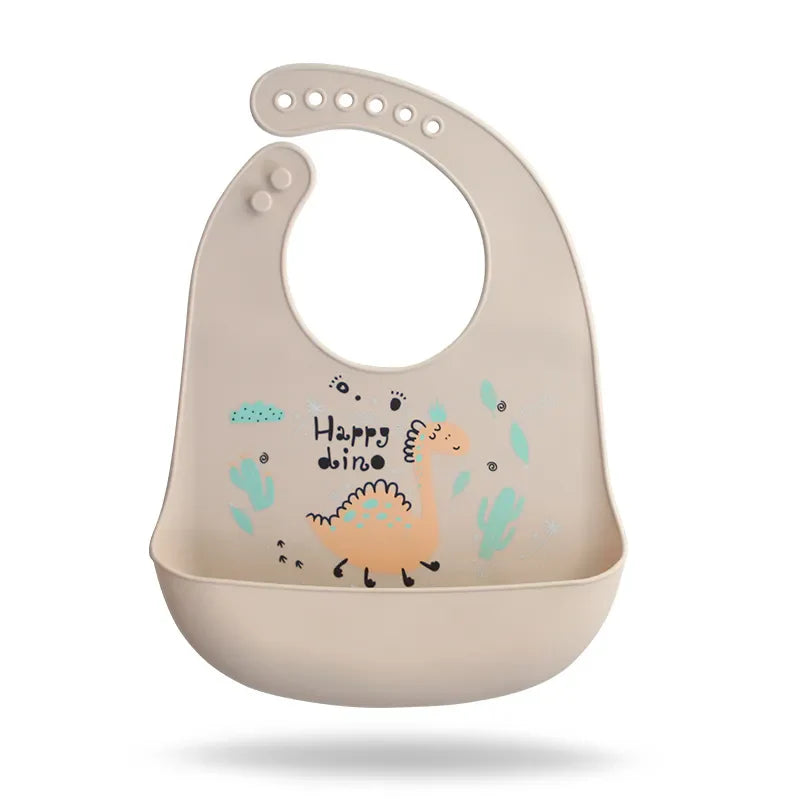 Waterproof Baby Bibs with Adorable Cartoon Dinosaur Print – Adjustable, Soft Silicone Material for Mess-Free Toddler Feeding