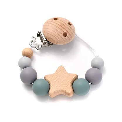 Wooden Pentagram Baby Pacifier Chain with Silicone Beads