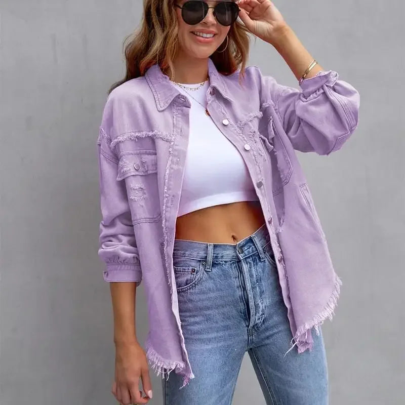 Women’s Fashion Ripped Shirt Jacket for Autumn and Spring Casual Tops
