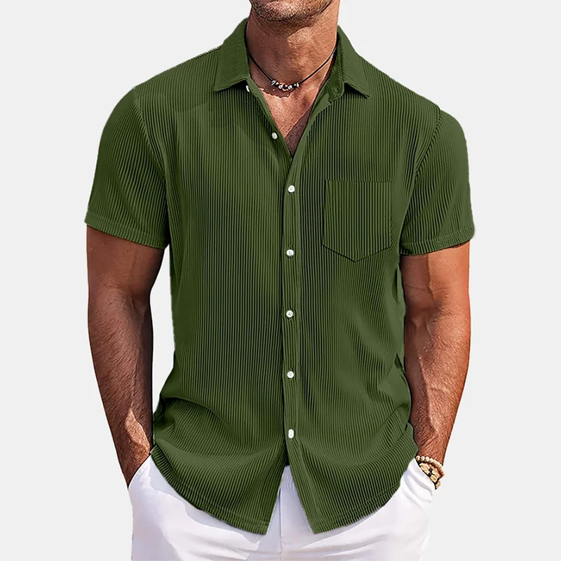 QDBAR Daily Leisure Mens Ribbed Shirt 2024 Summer Fashion Solid Color Striped Textured Shirts Beach Casual Short Sleeve Men Cardigans