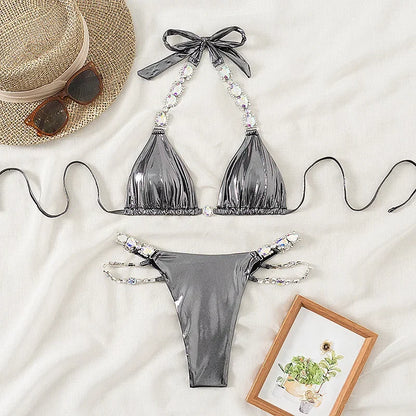 Halter Shiny Jewelled Diamond Bikini Women Swimwear Female Swimsuit Two-pieces Bikini Set Brazilian Bathing Suit Swim Beach Wear