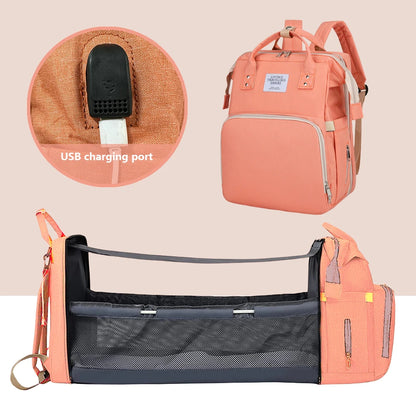 Portable Folding Crib Diaper Bag Multi-Function Mummy Bag, 3 in 1 Diaper Bag Backpack with Changing Station, Travel Nappy Bag with Stroller Straps & Changing Pad (D), Waterproof Portable Mom Travel Baby Shower Gifts, Grey!!