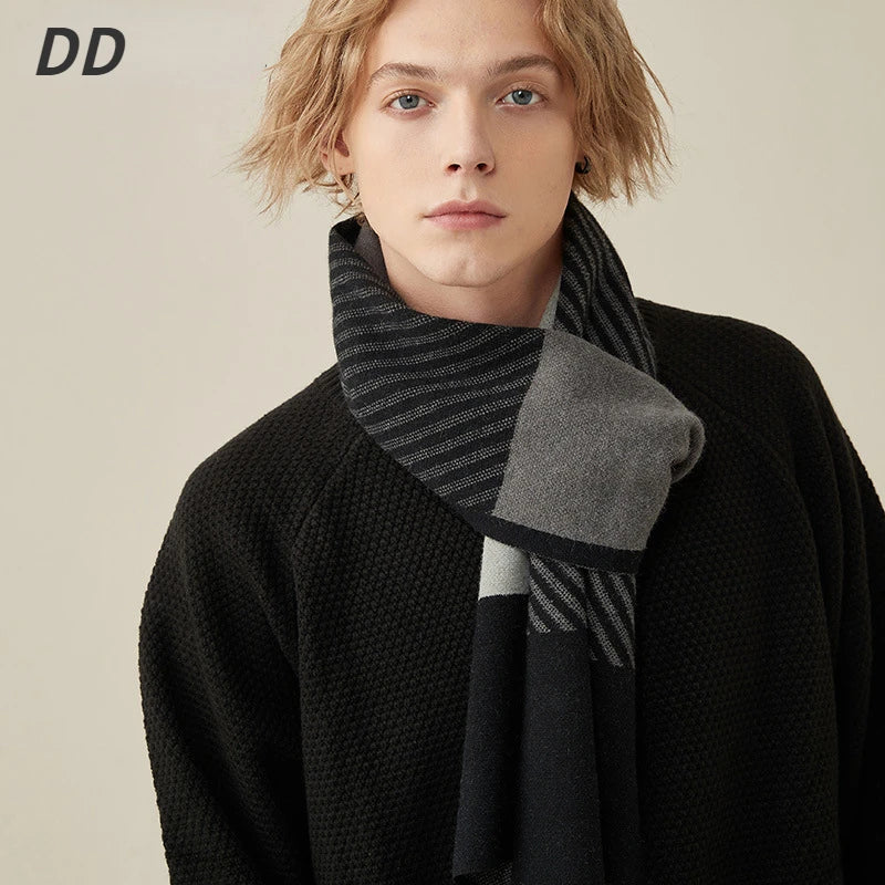 High Quality Wool Blend Scarf Men Thick Versatile Stripe Cashmere Muffler