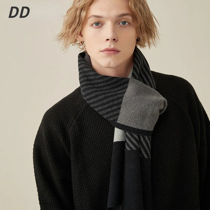 High Quality Wool Blend Scarf Men Thick Versatile Stripe Cashmere Muffler