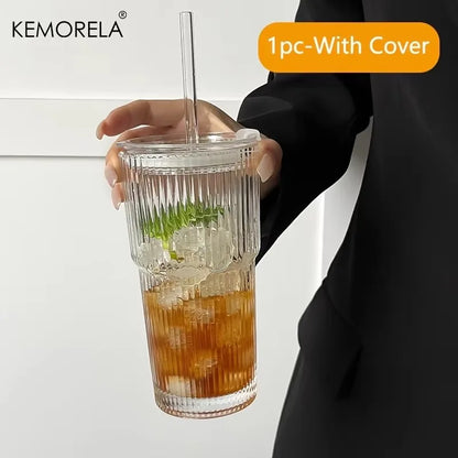 450ml Stripe Glass Cup with Lid & Straw - Iced Coffee & Tea Mug