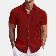 QDBAR Daily Leisure Mens Ribbed Shirt 2024 Summer Fashion Solid Color Striped Textured Shirts Beach Casual Short Sleeve Men Cardigans
