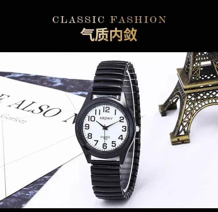 1pc Vintage Watches Women Men Creative Black and White Stainless Steel Elastic Band Watch Retro Elderly Couple Bracelet Watch