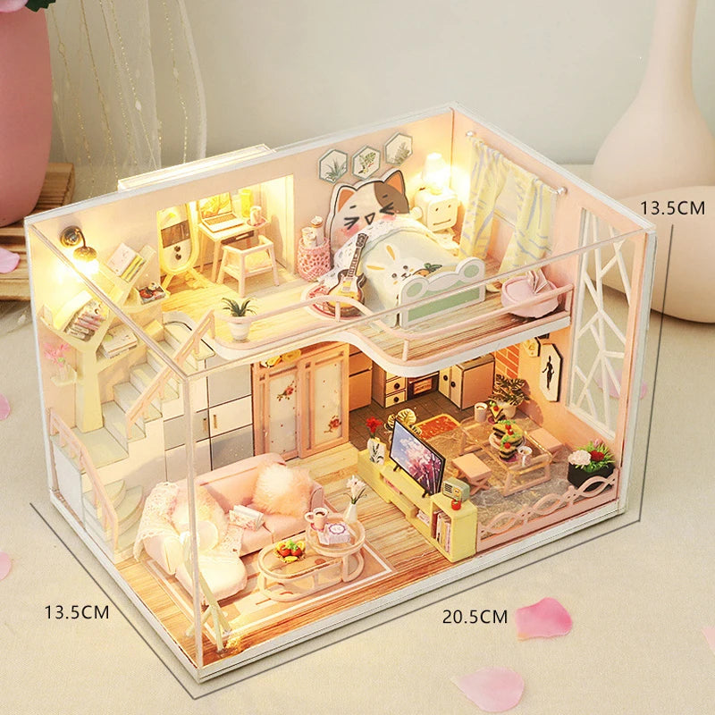 Wooden Miniature Doll House DIY Duplex Apartment Production 3D Puzzle Assembly Building Toy Decoration with Furniture Dollhouse