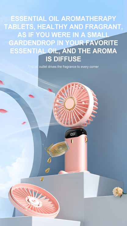 USB Handheld Mini Fan - Foldable, Portable, Neck Hanging, 5-Speed Rechargeable Fan with Phone Stand & Display Screen
