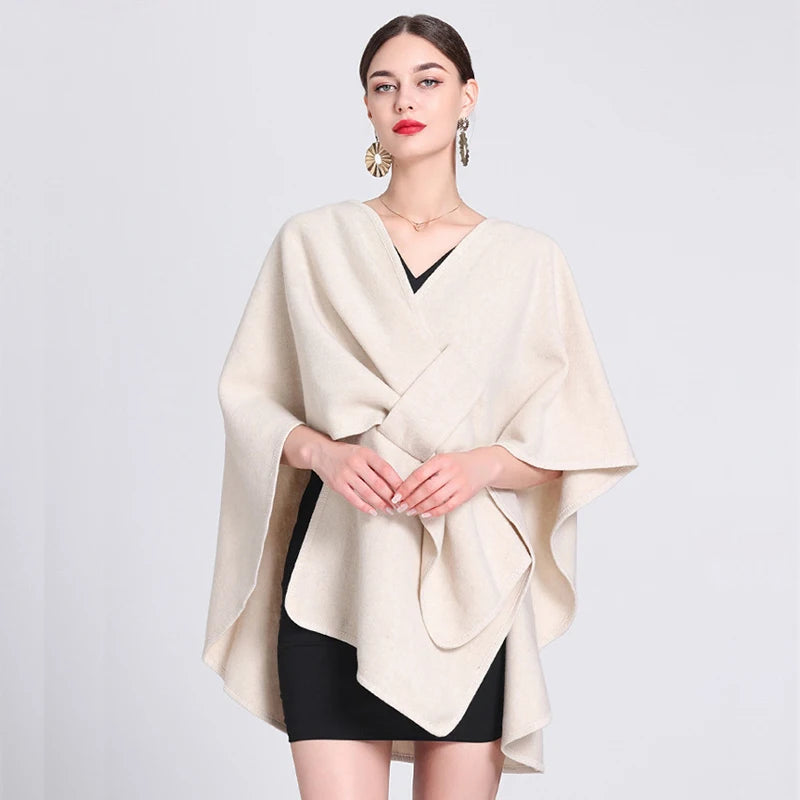 Casual Wool Blend Poncho Coat in Solid Color for Women
