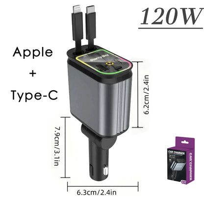 4in1 Retractable Car Charger with USB Roof Star Type-C Cable for iPhone Fast Charging Cigarette Lighter Adapter Starlight Phone