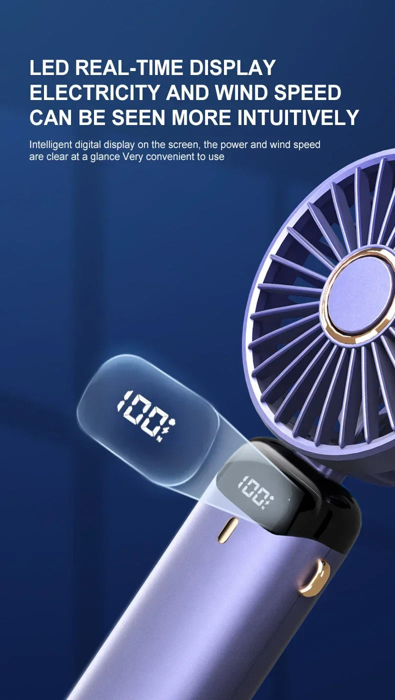 USB Handheld Mini Fan - Foldable, Portable, Neck Hanging, 5-Speed Rechargeable Fan with Phone Stand & Display Screen
