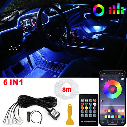 RGB LED Fiber Optic Ambient Strip Lights with App Control for Cars