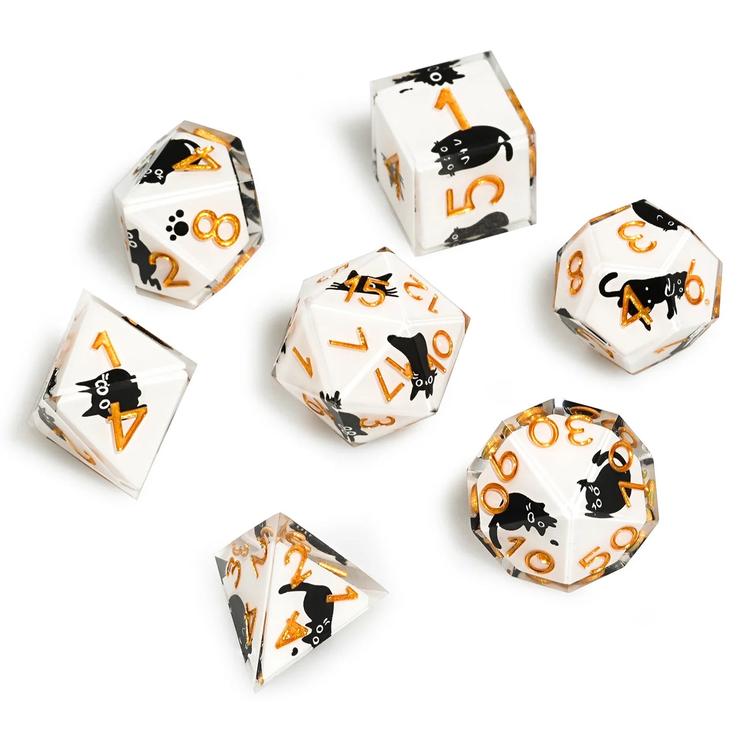 1-7pcs DND Milk White Solid Resin Black Kitten Smile Cat Dice Set Multi-sided Polyhedral Dice for D&D COC Role RPG Table Game