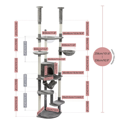 Adjustable 236-258cm Height Cat Scratching Post Tall Cat Tower with Hammock Condo Cozy Cat Tree Kitten Furniture Pet Cat Toys