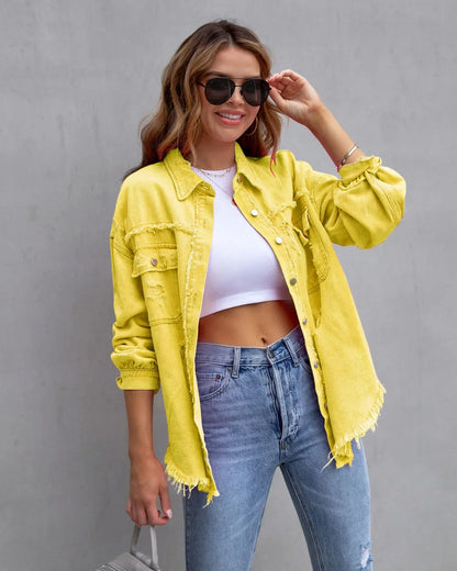 Women’s Fashion Ripped Shirt Jacket for Autumn and Spring Casual Tops