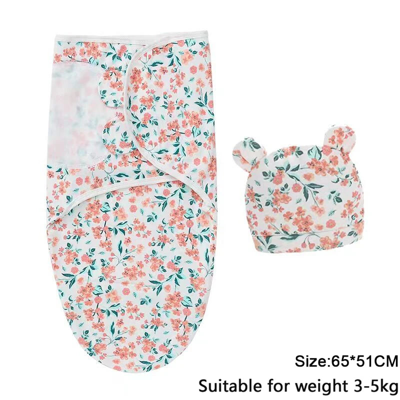 Newborn Cotton Baby Swaddle Wrap Adjustable Sleepsack Hat Set