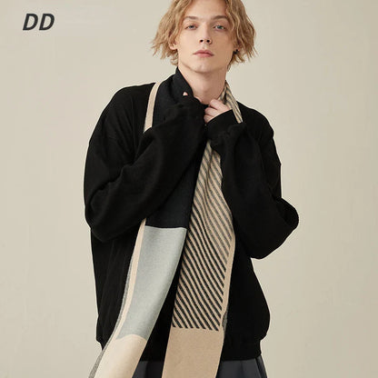 High Quality Wool Blend Scarf Men Thick Versatile Stripe Cashmere Muffler