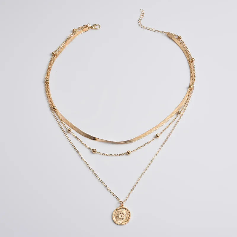 925 Sterling Silver Round Charm Three Layer Necklace