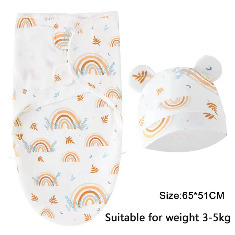 Newborn Cotton Baby Swaddle Wrap Adjustable Sleepsack Hat Set