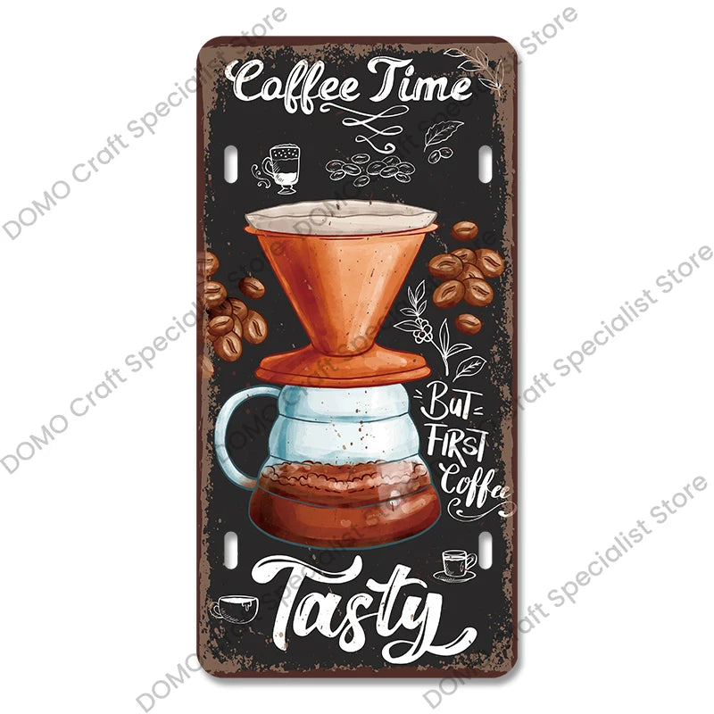 Coffee Licenses Plate Vintage Metal Tin Signs Retro Coffee Time Metal Plaques for Cafe Kitchen Living Room Home Wall Art Decor