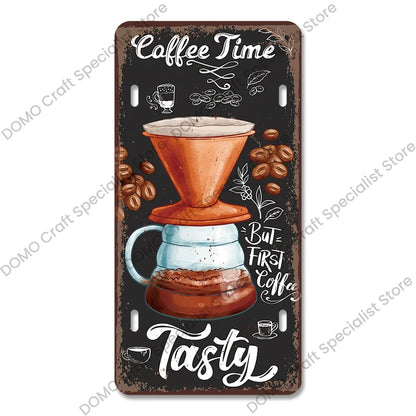 Coffee Licenses Plate Vintage Metal Tin Signs Retro Coffee Time Metal Plaques for Cafe Kitchen Living Room Home Wall Art Decor