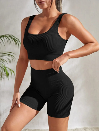 Seamless Ribbed Workout Sets for Women 2 Pieces Gym Suits Ribbed Crop Tank High Waist Shorts Outfits Fitness Running