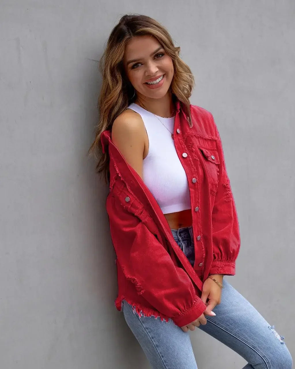 Women’s Fashion Ripped Shirt Jacket for Autumn and Spring Casual Tops