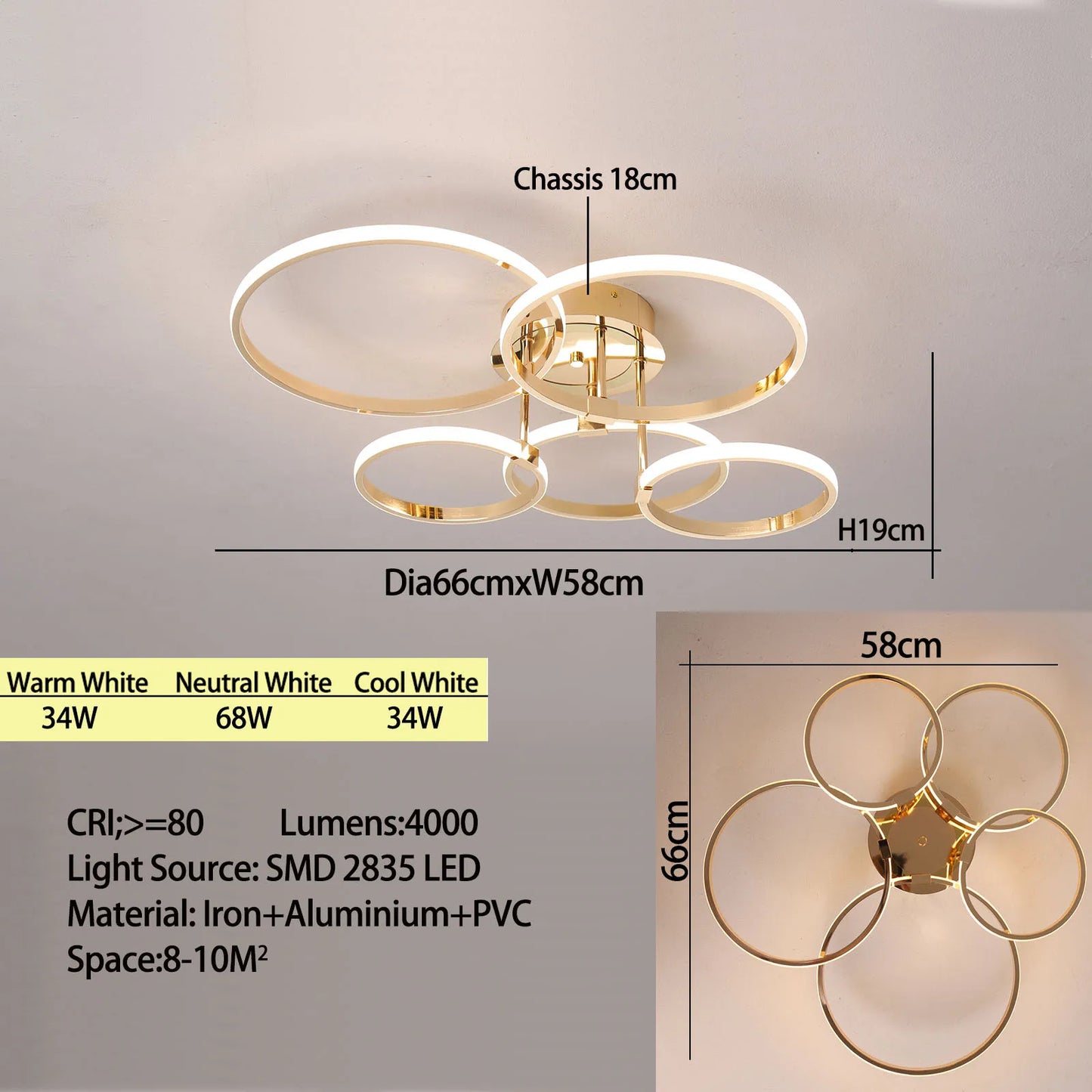 Sleek 4 6 Ring LED Chandelier for Living Room, Bedroom & Kitchen