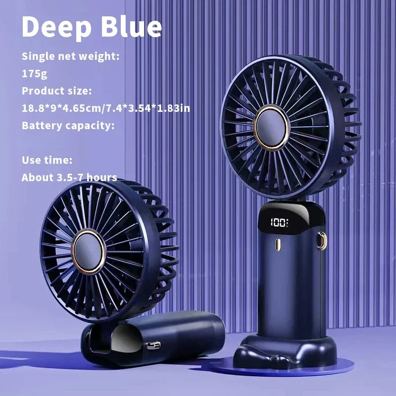 USB Handheld Mini Fan - Foldable, Portable, Neck Hanging, 5-Speed Rechargeable Fan with Phone Stand & Display Screen