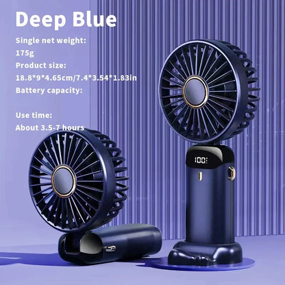 USB Handheld Mini Fan - Foldable, Portable, Neck Hanging, 5-Speed Rechargeable Fan with Phone Stand & Display Screen