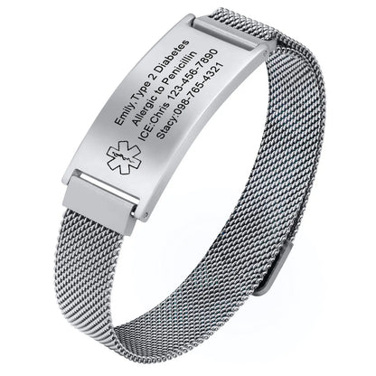 Magnetic Medical Alert Bracelets for Men Women Teenagers,15-24CM Customize Stainless Steel Mesh Emergency Medical ID Wristband
