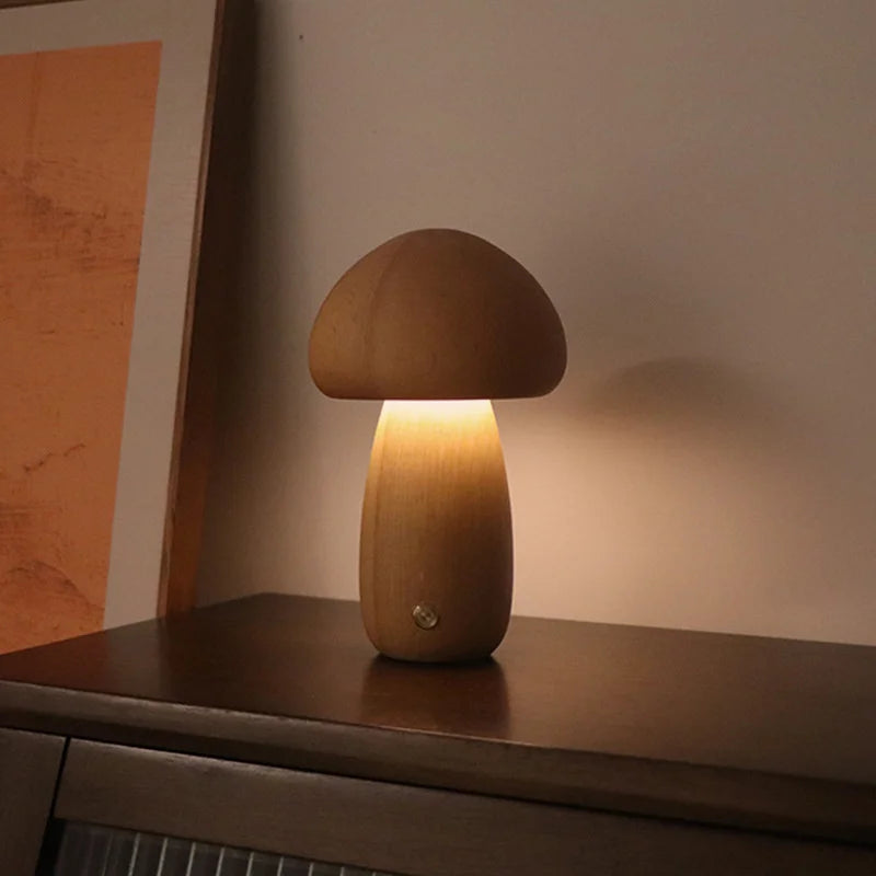 Cute Wooden Mushroom LED Night Light with Touch Control for Kids