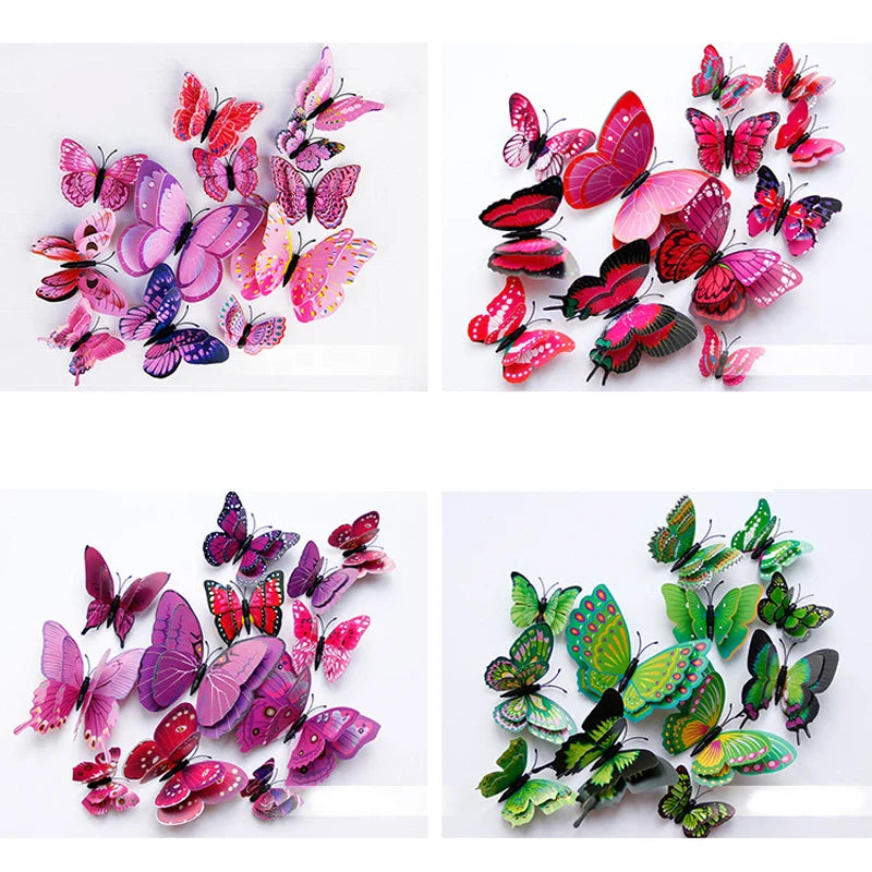 New Style 12Pcs Double Layer 3D Butterfly Wall Stickers Home Room Decor Butterflies For Wedding Decoration Magnet Fridge Decals