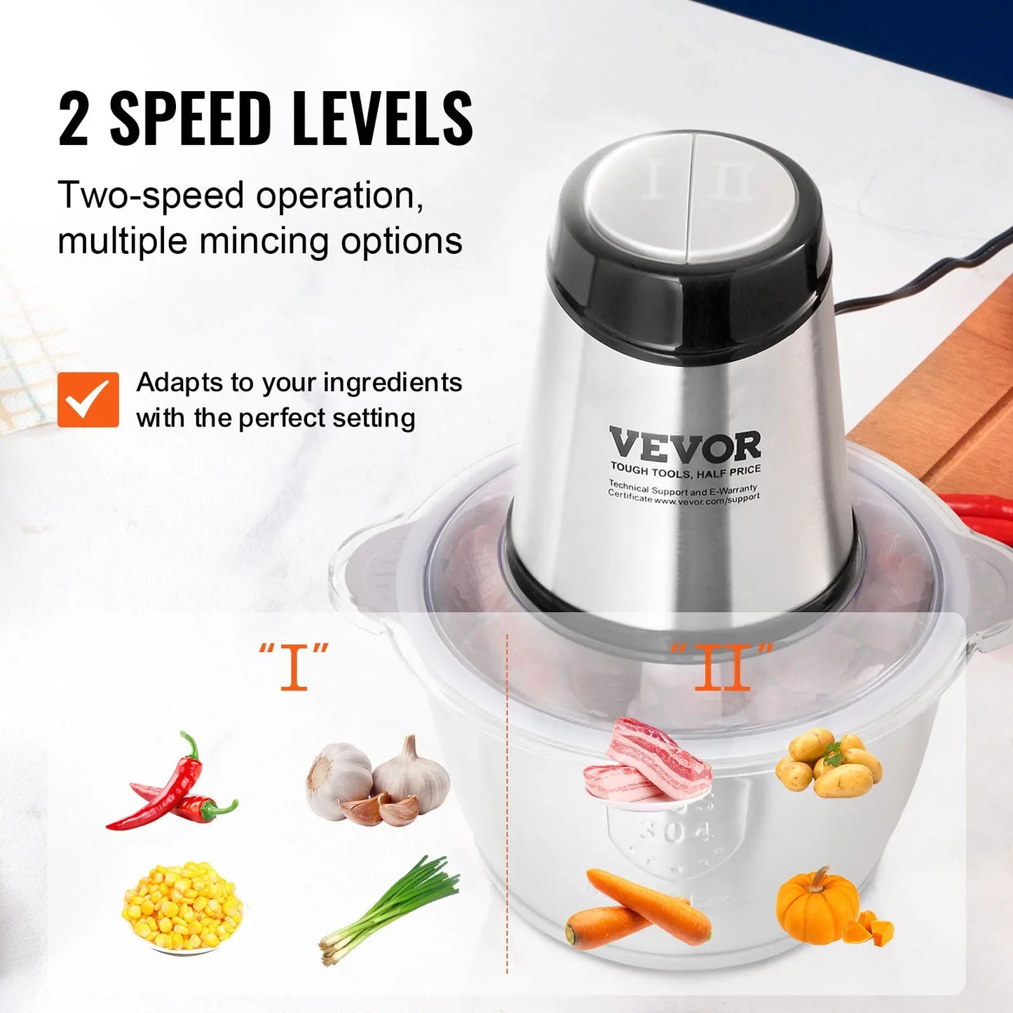 VEVOR Food Processor Electric Meat Grinder with 4Wing Stainless Steel Blades 8+5