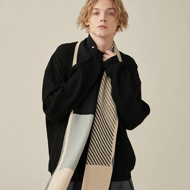 High Quality Wool Blend Scarf Men Thick Versatile Stripe Cashmere Muffler