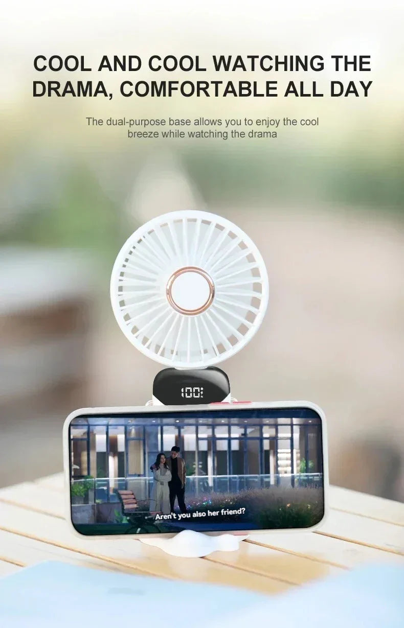 USB Handheld Mini Fan - Foldable, Portable, Neck Hanging, 5-Speed Rechargeable Fan with Phone Stand & Display Screen
