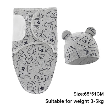 Newborn Cotton Baby Swaddle Wrap Adjustable Sleepsack Hat Set