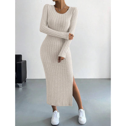 French Scoop Neck Long Sleeve Autumn Maxi Dress