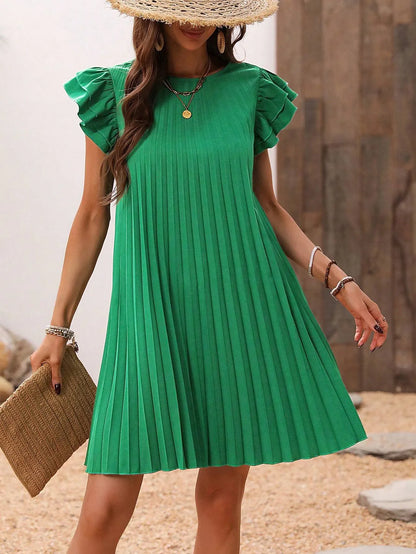 2025 Summer Women Loose Pleated Beach  Solid Dress Ruffle Sleeve Sweetheart Pleated Dress Mini Dress Elegant Green Dresses
