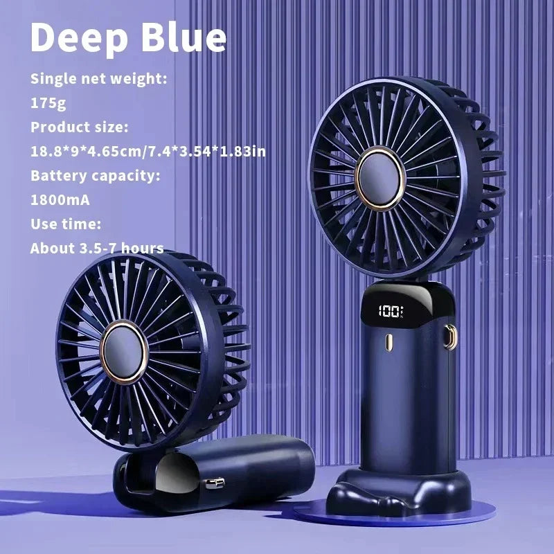 USB Handheld Mini Fan - Foldable, Portable, Neck Hanging, 5-Speed Rechargeable Fan with Phone Stand & Display Screen