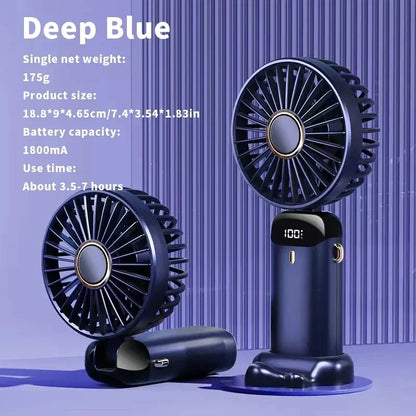 USB Handheld Mini Fan - Foldable, Portable, Neck Hanging, 5-Speed Rechargeable Fan with Phone Stand & Display Screen