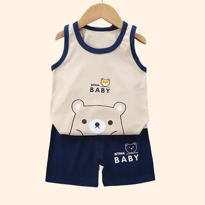 NoEnName_Null Unisex Baby Cartoon Print Pullover Shorts Set for Toddlers (Ages 1-3Y)
