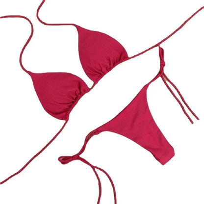 Women Thong Bikini Set Side Tie Sexy Swimsuit Bandage Style Brazilian Swimwear Neck Hanging Solid Color Adjustable Swimsuit Set