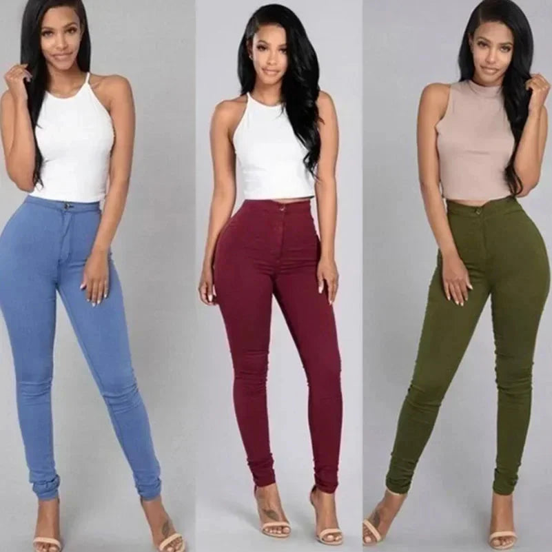 Solid Color Stretch Denim Jeans - Women's High-Waist Skinny Casual Pencil Pants