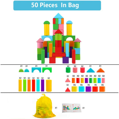 Wooden Building Blocks Toy Set with Storage Bag for Kids