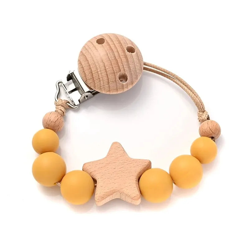 Wooden Pentagram Baby Pacifier Chain with Silicone Beads